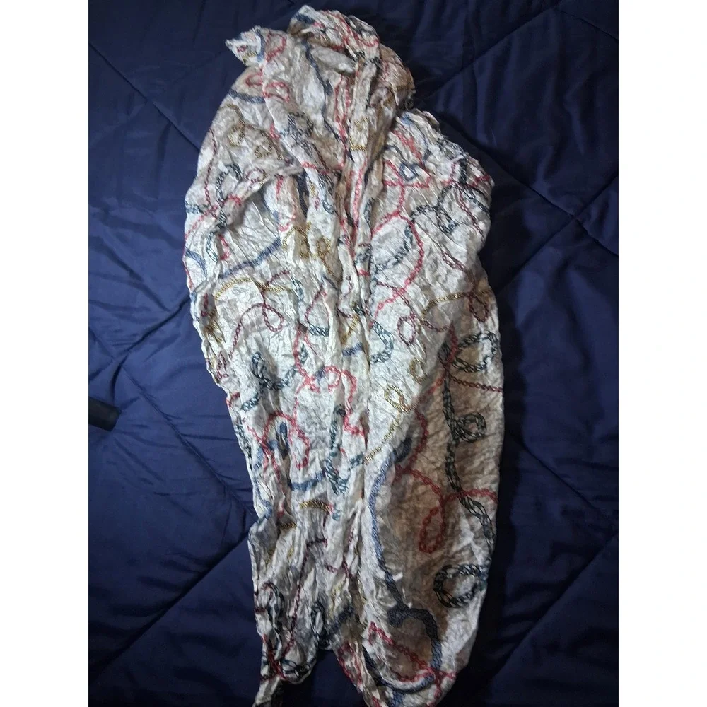 Tous 100% Silk Scarf Chain Link Print Crinkle Texture‎ Cream Red Blue NWT